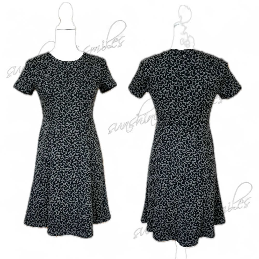 LOFT Black & Gray A-Line Fit-n-Flare Leafy-Swirl Knit Pattern Dress size 2P